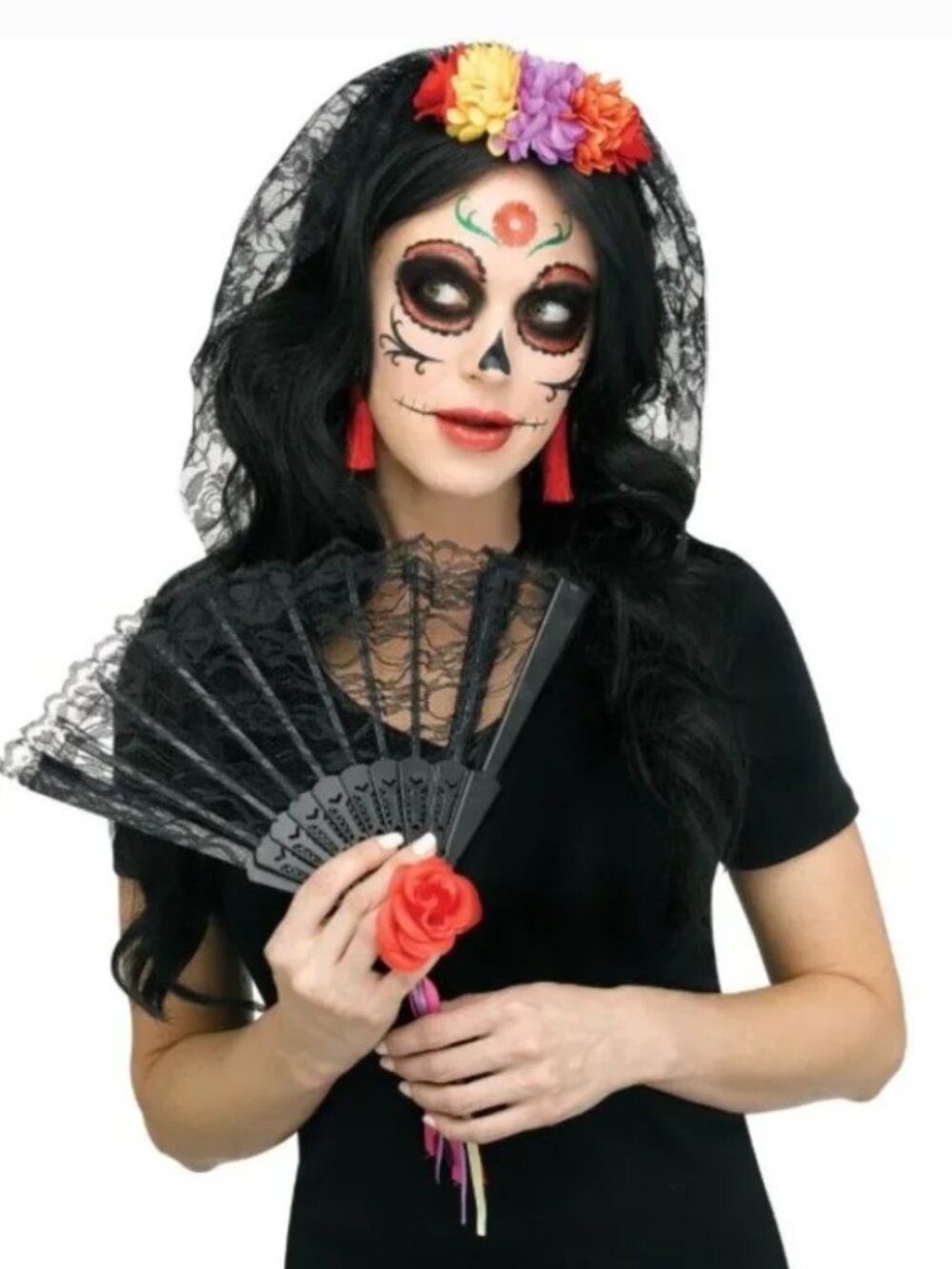 Womens Day of the Dead Halloween 4 Pc Black Bride Veil Fan Tattoo Earrings Kit